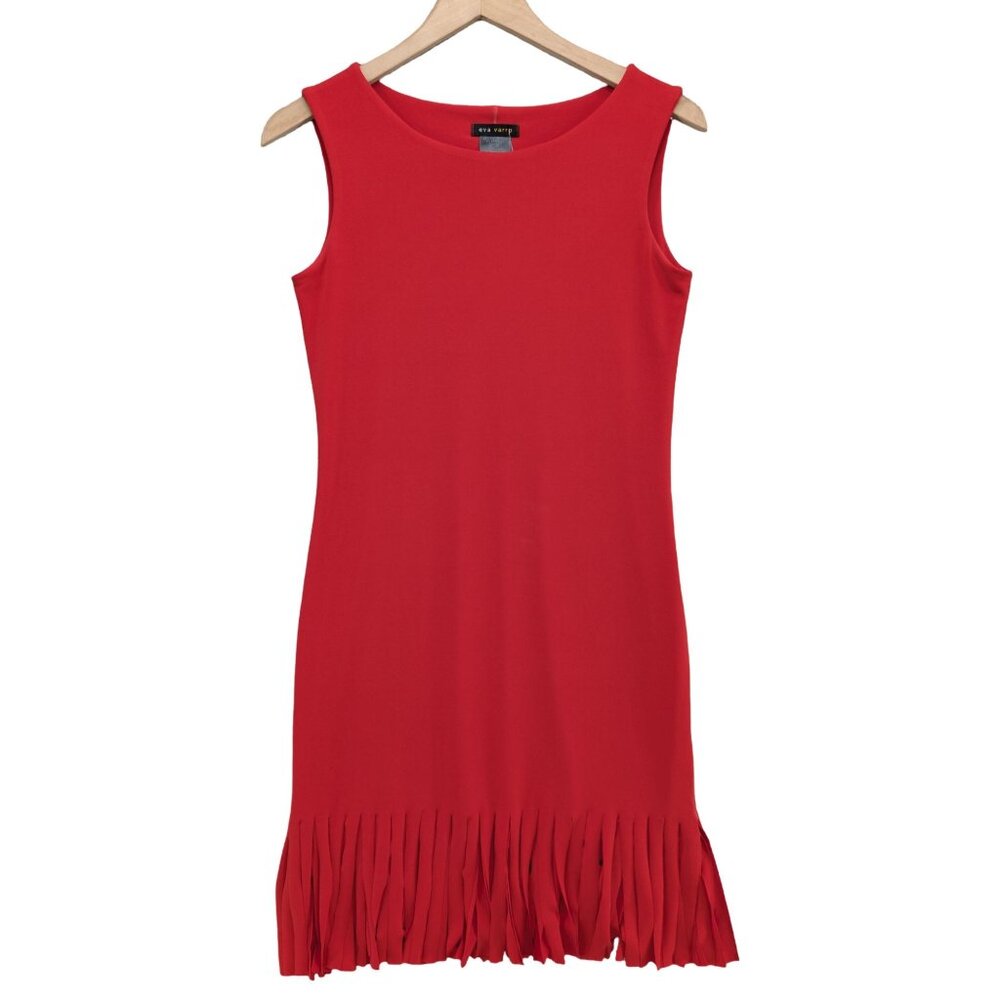 Eva Varro Double Layered Mini Dress Red Fringe Sleeveless Bateau Neck Size S